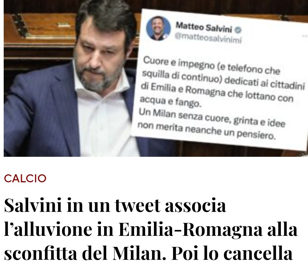 NON ESISTE! Stiamo parlando, ad ora, di 8 vittime, oltre 13mila sfollati, ponti crollati per il #maltempo in #EmiliaRomagna. #Salvini, a quanto pare, ha altre priorità. Gravissimo e profondo imbarazzo! #alluvione #SalviniVergognaNazionale
#Salvinivergognati 
#SalviniPagliaccio