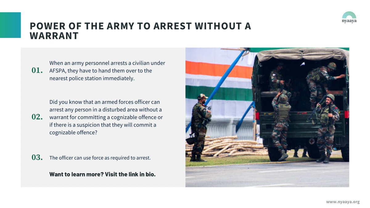 NyaayaIN's tweet photo. Do you know these are the powers of an armed forces officer to arrest people  under AFSPA? https://t.co/irLEUwUhdc                                                                #Nyaaya #IndianLawsExplained #armedforces #army #arrest #indianarmy #respect #LegalAwareness #offence https://t.co/UnHkFxjlG2