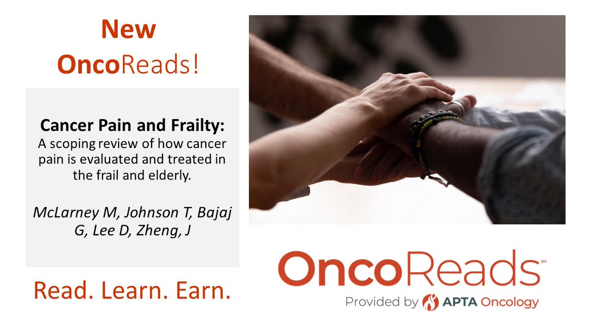 New OncoReads Available 

Cancer Pain and Frailty: A scoping review of how cancer pain is evaluated and treated in the frail and elderly. 
ow.ly/pkYT50OoBhc
#cancerrehab