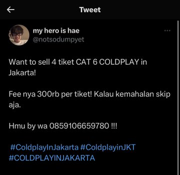 bulgogika's tweet photo. ‼️HATI HATI SCAMMER TIKET COLDPLAY IN JAKARTA‼️

@notsodumpyet NIPU
Nomornya udah warning bgt! so plis guys plis bgt di iqro dan hindari!  jgn cdm cdm

t. wts tiket coldplay CAT 6 SCAM #ColdplayInJakarta #ColdplayinJKT #COLDPLAYINJAKARTA #zonauang #zonaBU #zonajajan #ScamAlert https://t.co/z8JXz2LMl5