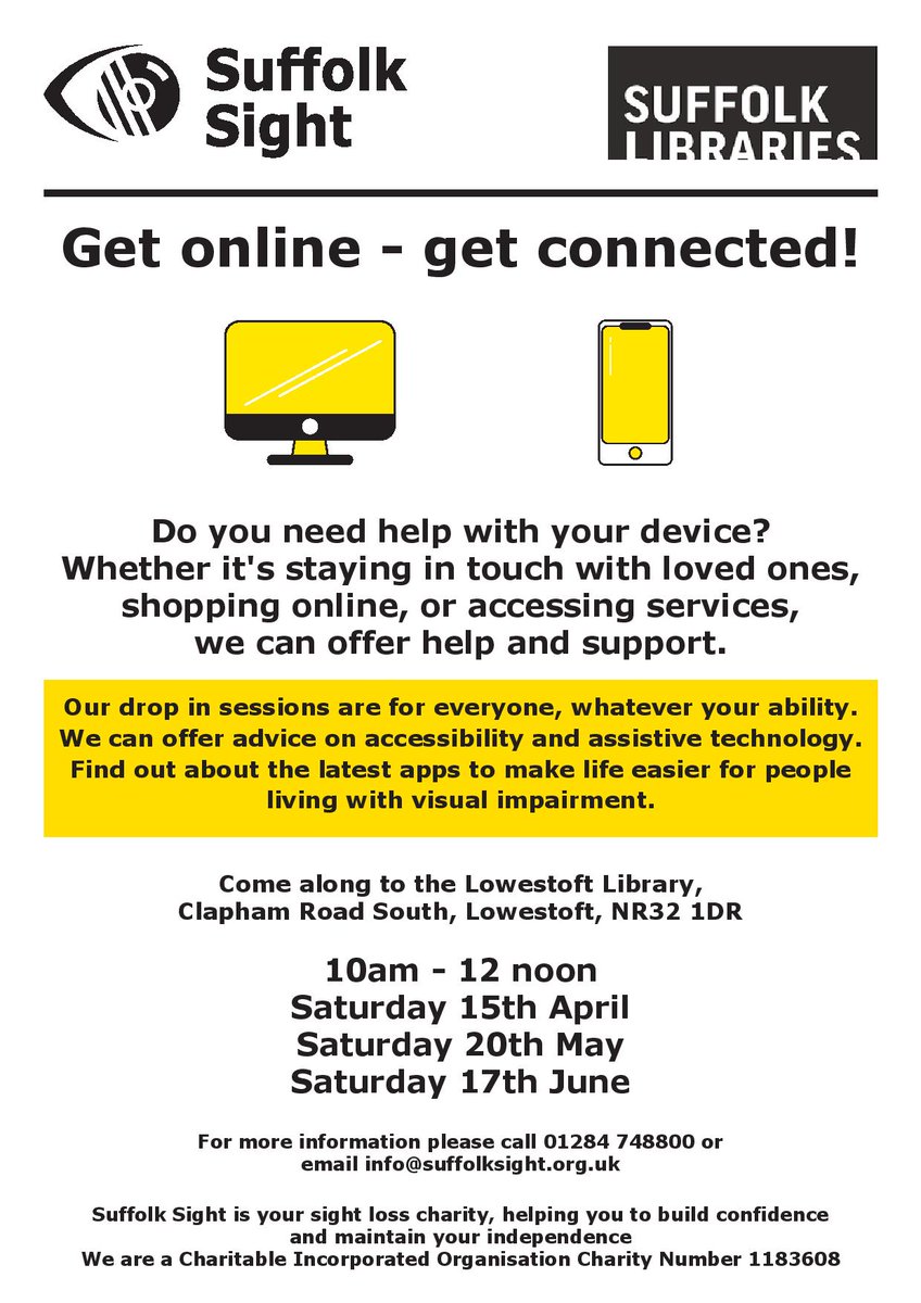 SuffolkSight's tweet image. Sat 20th May come along to our tech drop-in session at @LowestoftLib 
Bring your device if you need help with accessibility apps. We can support a range of tech - iPads, iPhones, Apple Macs, Windows machines, Android devices and Amazon Fire Tablets
@LowestoftCentr1 @lowjournal