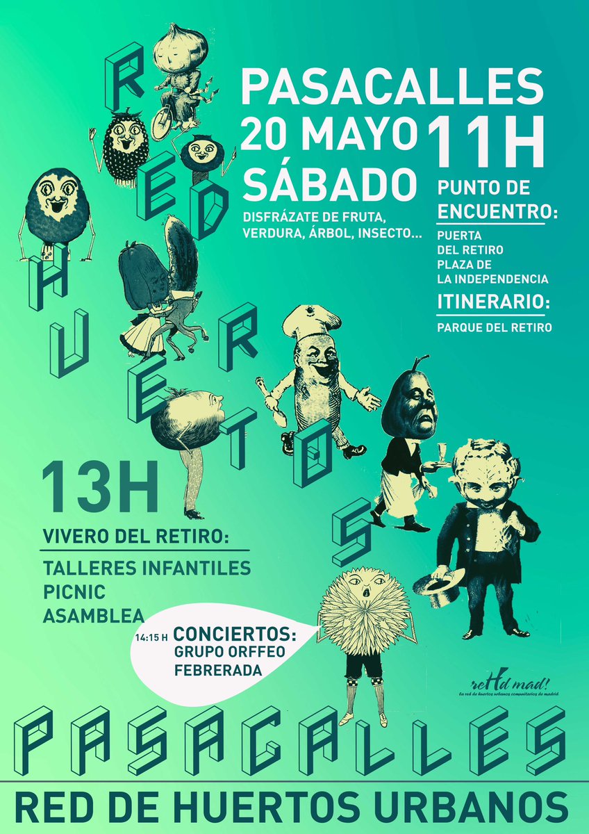 Este S20deMayo 11Hrs Pasacalles festivo reivindicativo. Actividades Pasacalles en Retiro (desde Plaza de la Libertad hasta Huerto del Retiro)🍓🍋🍎🥦Talleres estampado con frutas y verduras  🐝🦋Taller insectos 3D  🎶🎼🎵🎤 Música Grupo Orfeo Febrerada <a href="/REHD_Mad/">Red Huertos Urbanos</a> <a href="/AVMontecarmelo/">Asociación Vecinal Montecarmelo</a>