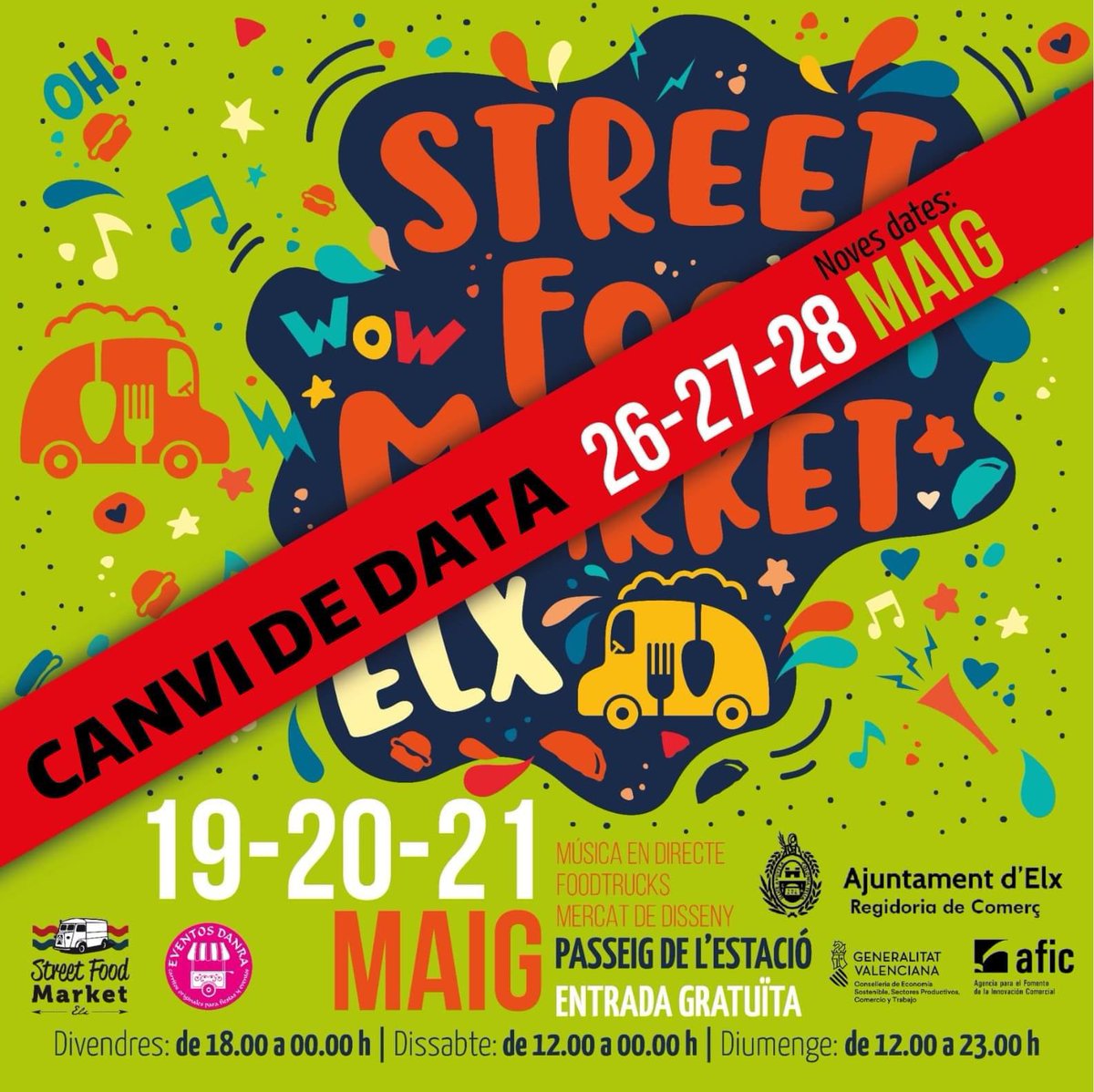 🔴COMUNICADO IMPORTANTE🔴

Ante el pronóstico de lluvia para este fin de semana y días previos CAMBIAMOS DE FECHA Elx Street Market a los próximos días 26, 27 y 28 de Mayo

Estamos trabajando para que los cambios de programa sean mínimos.

Nos vemos pronto! ☺️
<a href="/ajuntamentelx/">Ayuntamiento de Elche - Ajuntament d'Elx</a>