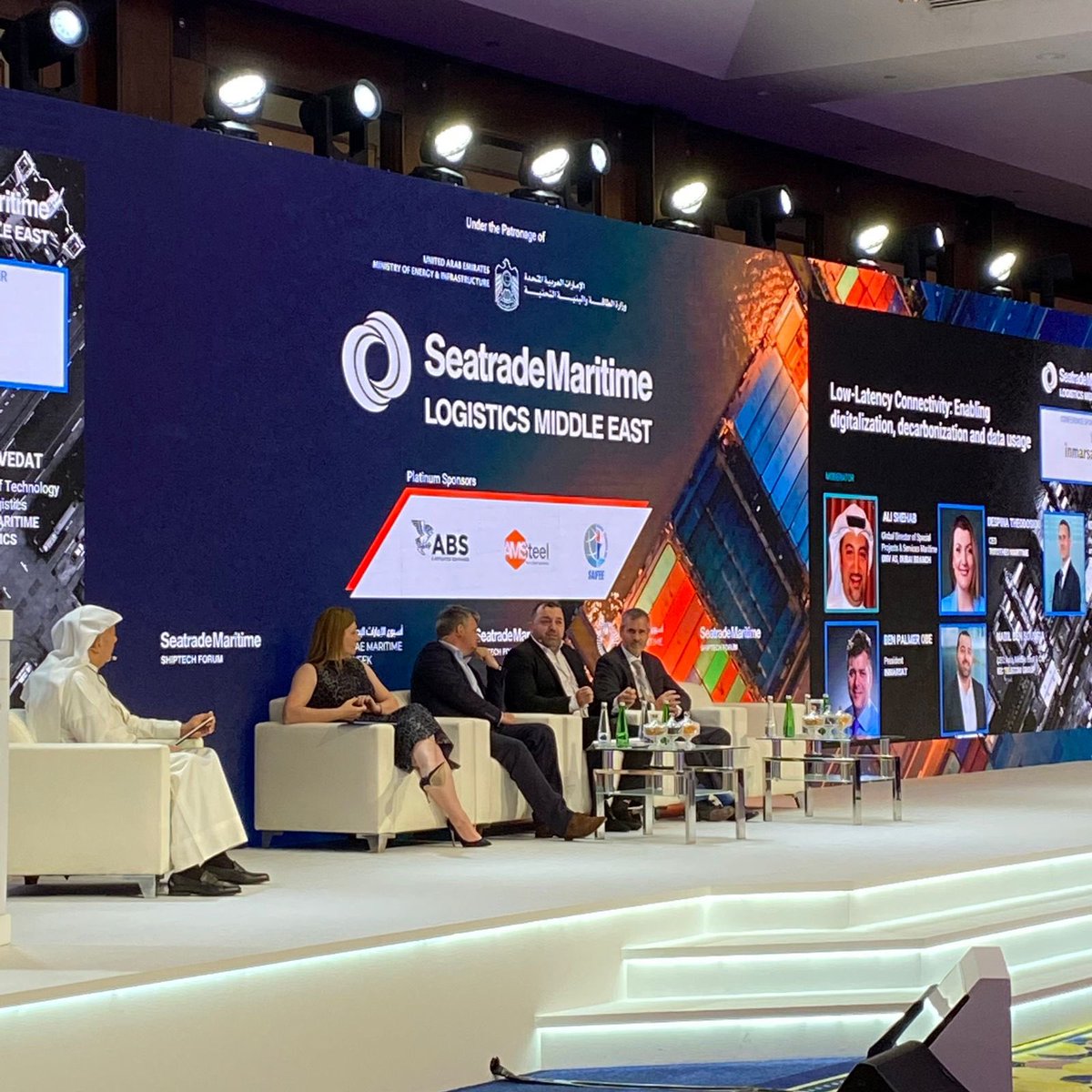 MaritimeIC's tweet photo. Happening now at Seatrade Maritime Logistics Middle East, keynote theater in the discussion of Low-Latency Connectivity: Enabling digitalization, decarbonization and data usage.
#Maritime #Logistics #UAEMaritimeWeek #SMLME https://t.co/37WIFTTeTi