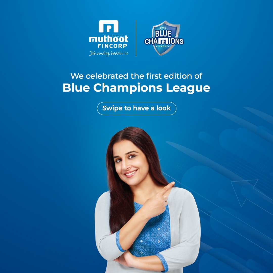 MuthootIndia's tweet photo. We recently conducted the first edition of the Blue Champions League, celebrating the success of our key achievers at Muthoot FinCorp. 
We were honoured to have Vidya Balan who congratulated our Muthootians on their success and acknowledged their hard work and efforts. https://t.co/35uVxlkteM