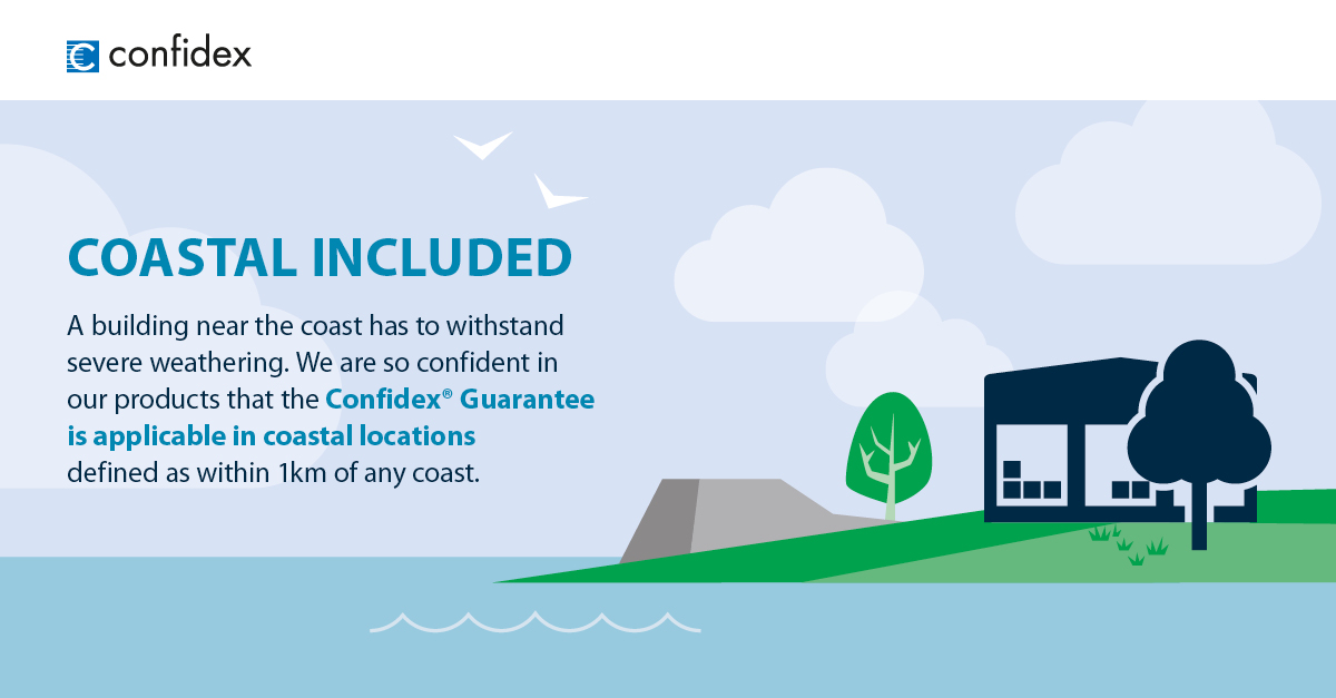Colorcoat's tweet image. Did you know the Confidex® Guarantee is applicable in coastal locations? Celebrating 30 years of the Confidex® Guarantee, we are confident that Confidex® can withstand severe weathering (within 1km of any coast).  ow.ly/kNbc50Oq1Ms  #guarantee #buildingenvelope #cladding