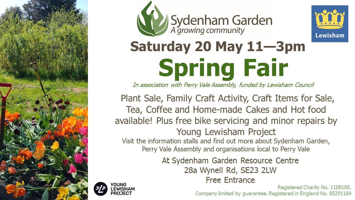 Join us for Spring Fair on Saturday. Plants, food, fun, cake and good vibes! Plus free bike servicing by @younglewisham and info stalls from local orgs Perry Vale Assembly @rycse23 @PACLewisham @MayowPark1 @SydenhamSociety @CCLewisham @icarelewisham