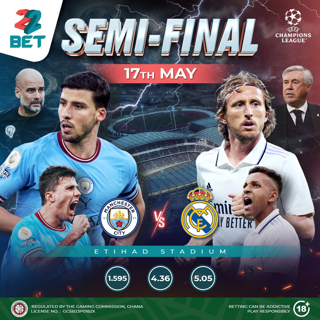 Get ready for a showdown of epic proportions! 

Manchester City and Real Madrid clash at the Etihad Stadium for the decisive second leg of their Champions League semi-final. 

The stage is set for a battle of champions as both teams vie for glory in the 2022-23 season. ⚔️🌟