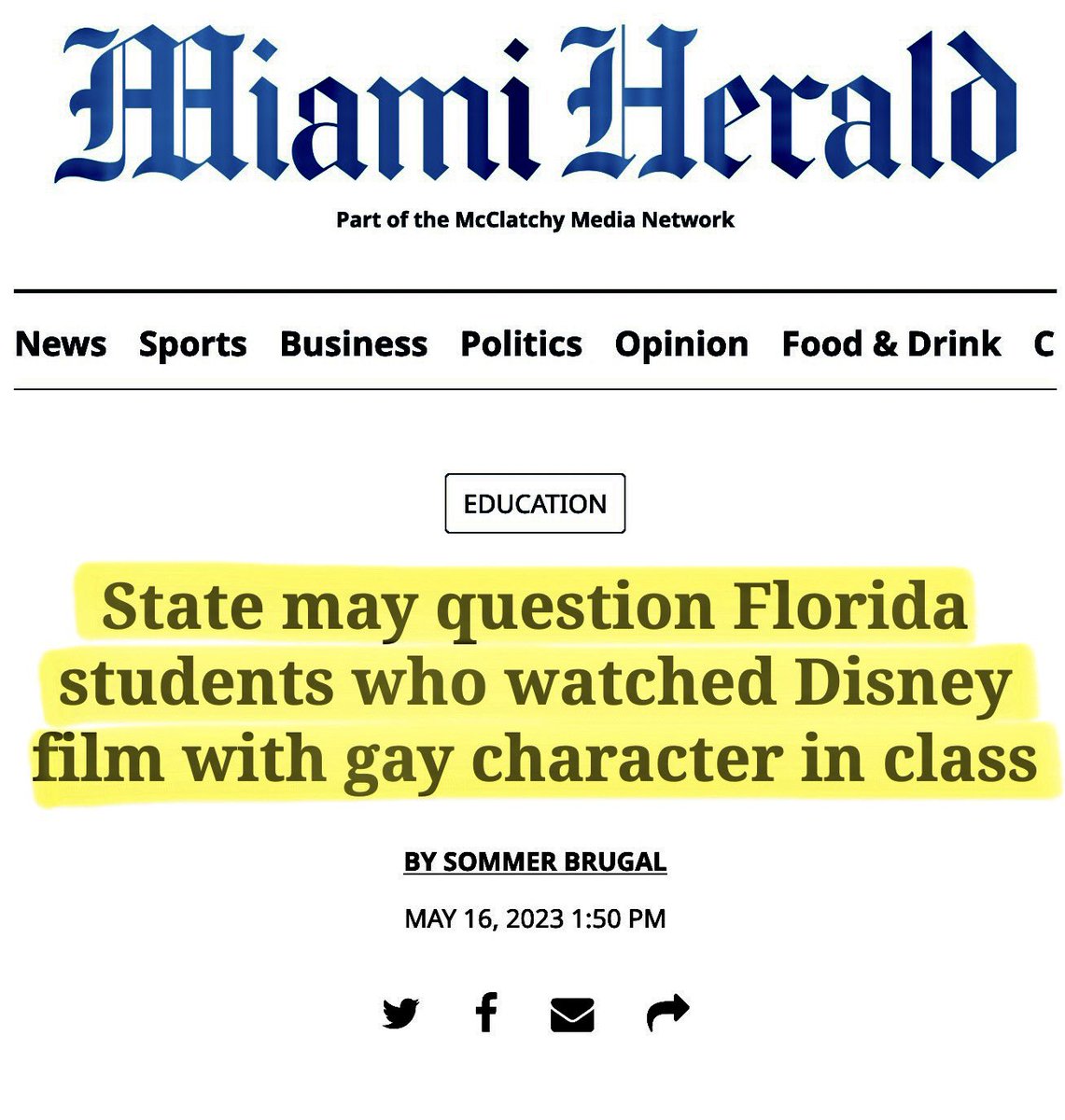 CarlosGSmith's tweet photo. Florida’s state government regime is sending investigators into a public school to interrogate 5th graders about a Disney movie with a gay character they saw in class.

A full-fledged DeSantis inquisition of  our children because of an LGBTQ person on TV.

Is it fascism yet? https://t.co/4X2Mg9rrG1