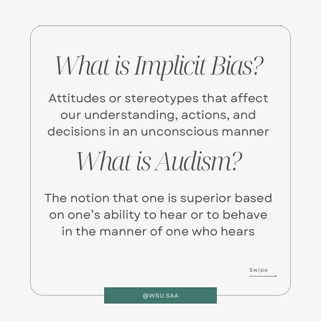 WSUSAA's tweet photo. (1/2) It is important that we, as future healthcare professionals, acknowledge and address our implicit biases so that we can provide patients with the best service possible. Swipe to learn about biases within audiology and how we can become more culturally competent. https://t.co/9N5HPeJFPB