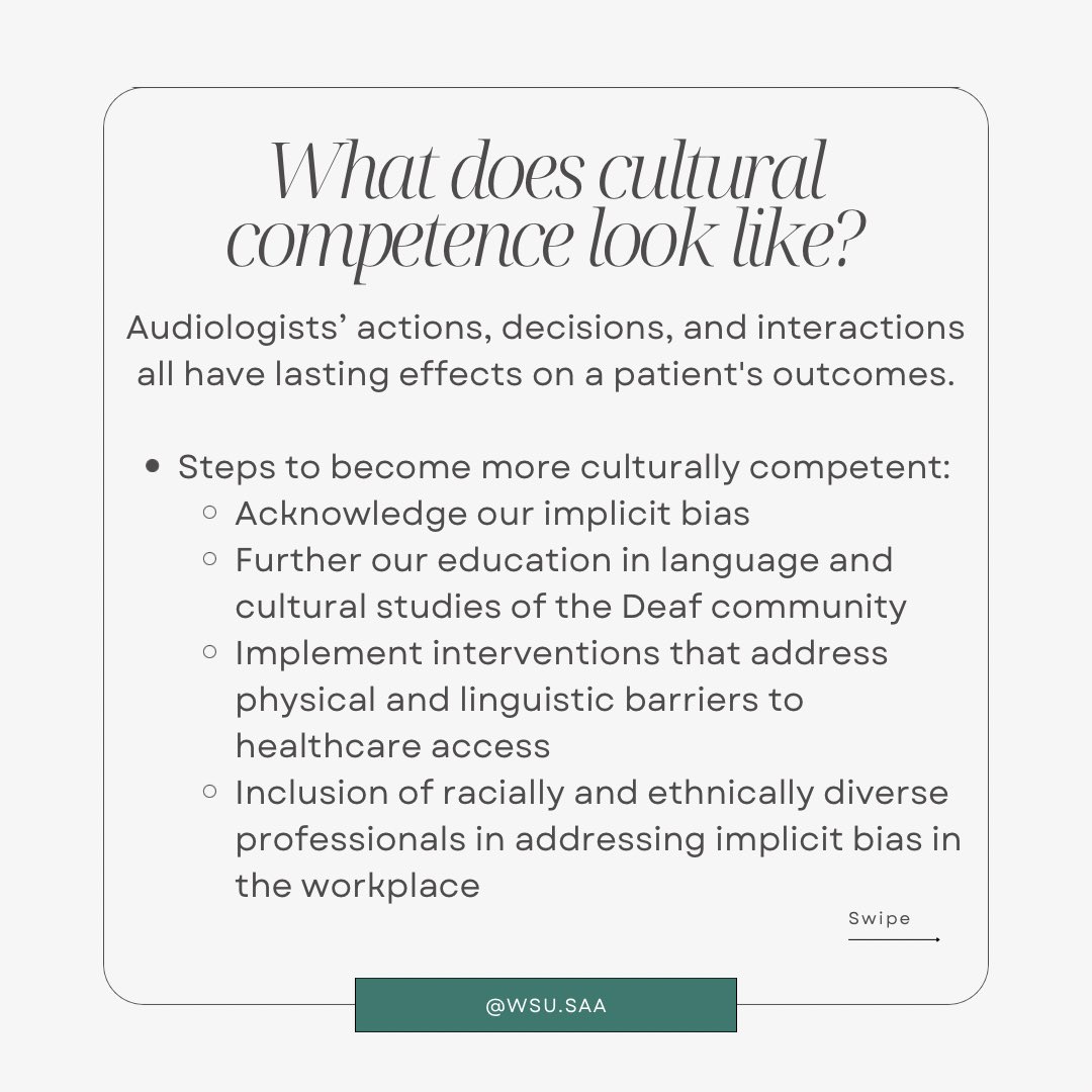 WSUSAA's tweet photo. (2/2) It is important that we, as future healthcare professionals, acknowledge and address our implicit biases so that we can provide patients with the best service possible. Swipe to learn about biases within audiology and how we can become more culturally competent. https://t.co/OfQNr4BZkJ