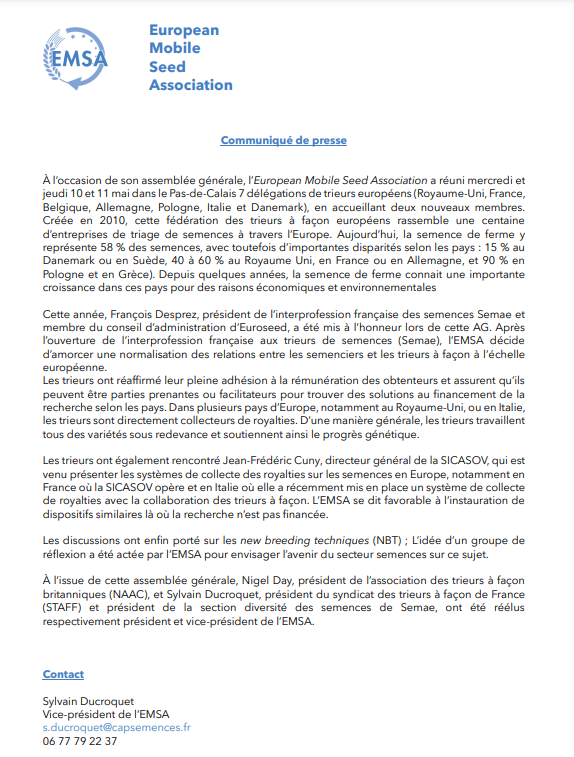 François Desprez, président de #SEMAE &amp; membre du CA <a href="/EuroseedsEU/">Euroseeds</a> mis à l’honneur lors de l'AG de la fédération des trieurs à façon européens 🇪🇺 #EMSA
"Les trieurs de #semences ont réaffirmé leur pleine adhésion à la rémunération des obtenteurs (...)" 
ceettar.eu/publications.p…