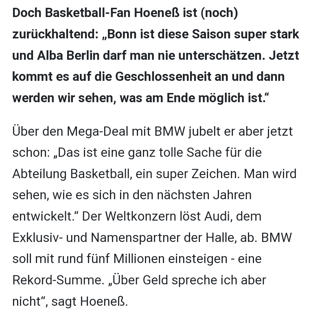 Spaß Wahnsinn

#koris-fani Uli paljastaa.
#bemari tulee, ymmärrettävästi, kotikaupunkinsa #Bayern'in loisteeseen.
  #Audi on AG:n osakas (rapiat 8%) ja vahva ote #bulifi.
  Mutta #koripallo  #AudiDome nimikin vaihtuu.
#MiaSanMia