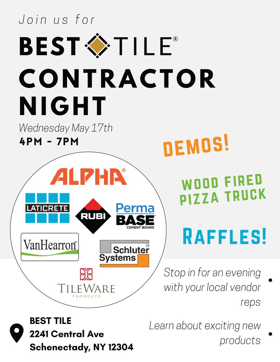 alphaprotools's tweet photo. Alpha will be participating at the Contractor Event at Best Tile in Schenectady, NY. Stop in and meet our Rep. There will be plenty of tools to show for Porcelain Tile &amp; Pavers!

#alphaprotools #alphatools #porcelain #besttile #contractornight #demos https://t.co/L7lhOxJe1L