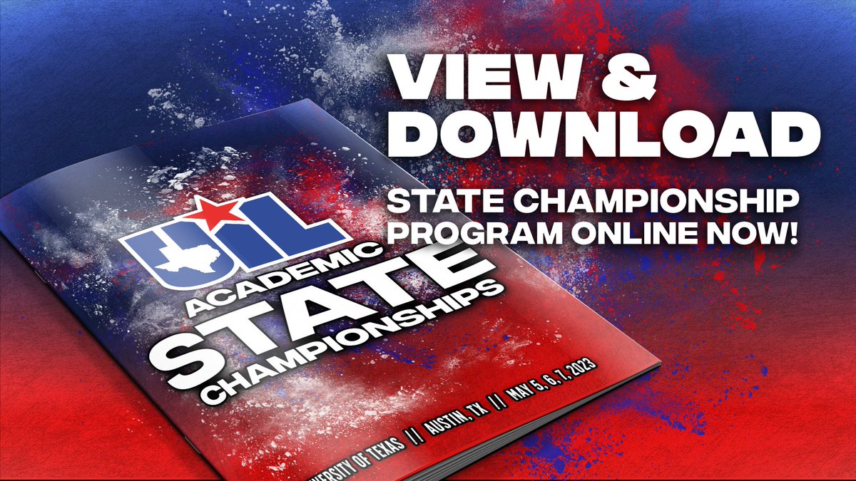 uiltexas's tweet photo. Today &amp; tomorrow student participants from across the state will convene on the @UTAustin campus to take part in #UILState Academic &amp; Speech!

Check out the State program for a full list of qualifiers in academics and speech competitions! 

📖 https://t.co/C0AgS23HqV https://t.co/32870JyJGb