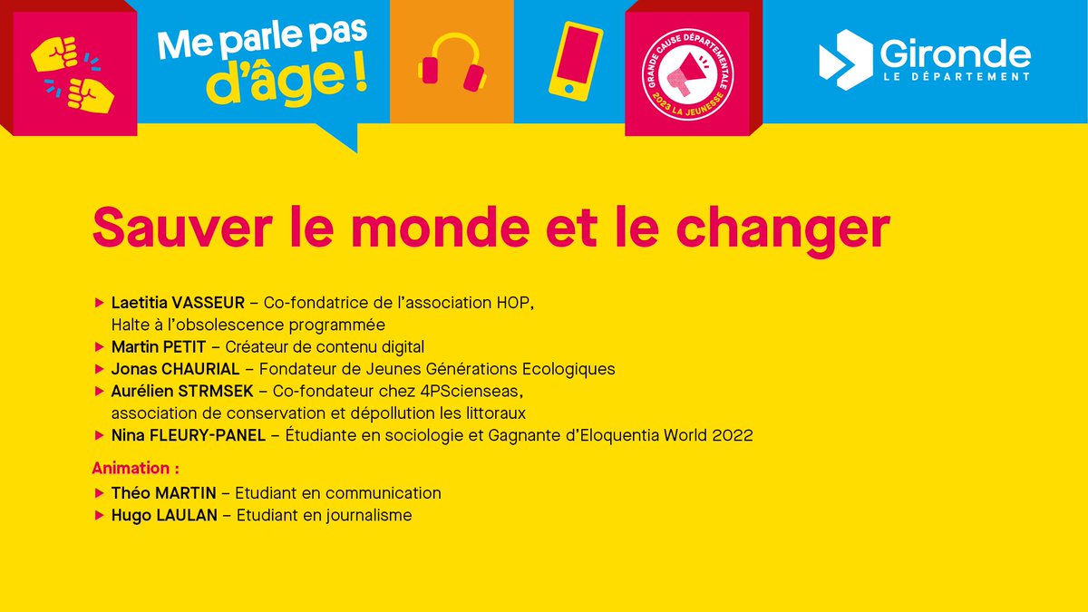 Gironde (@gironde) on Twitter photo 💥 #MeParlePasDage
Sauver le monde et le changer
Laetitia <a href="/HalteOP/">HOP - Halte à l'obsolescence programmée</a>, Martin, Jonas, Aurélien et Nina nous partagent leurs projets, leurs réussites et leurs échecs.
➡️ gironde.fr/me-parle-pas-d… 💥 #MeParlePasDage
Sauver le monde et le changer
Laetitia <a href="/HalteOP/">HOP - Halte à l'obsolescence programmée</a>, Martin, Jonas, Aurélien et Nina nous partagent leurs projets, leurs réussites et leurs échecs.
➡️ gironde.fr/me-parle-pas-d…