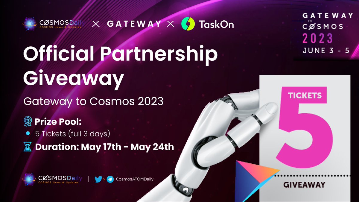 Bera_Daily's tweet image. 📢 Cosmos Daily x Gateway Partnership #Giveaway

How to win👇
💠Complete all tasks on @taskonxyz taskon.xyz/campaign/detai…
💠♥️ &amp;amp; Retweet and tag 3 friends
💠Follow @CosmosATOMDaily @Gateway_Conf &amp;amp; @Rockaway_X 

🎁Prize Pool: 🎫 5 Tickets (full 3 days) for 5 lucky winners

#Gateway
