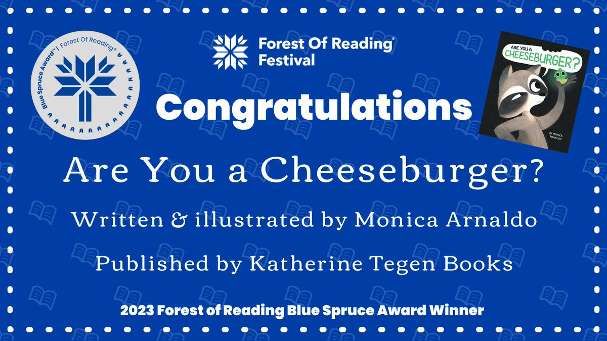 ForestofReading's tweet image. Have you watched yesterday’s virtual ceremony?! We’re thrilled that the Blue Spruce Award goes to Are You a Cheeseburger? written and illustrated by Monica Arnaldo! Thanks to JK-Grade 2 students who voted for their fav #ForestofReading picture books @monicarnaldo @KTegenBooks