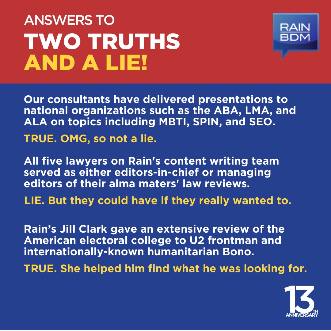 It’s the last day of #13DaysofRain, and our 13th-anniversary celebration is about to end. Did you play our Two Truths &amp; A Lie game last week? Let’s see how much you know about #rainbdm.