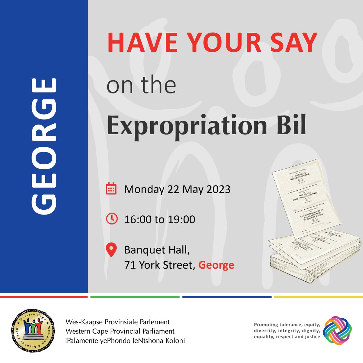 WesternCapeProvParl (@wcprovparl) on Twitter photo The Standing Committee on Infrastructure invites you to #HaveYourSay on the Expropriation Bill at a public hearing in #George on Mon, 22 May from 16:00 at the Banquet Hall, 71 York Street - more information: bit.ly/42sjp0t <a href="/george_mun/">George Municipality</a> <a href="/GeorgeHerald/">GeorgeHerald</a> <a href="/EDENfmStereo/">EDENfm Stereo</a> The Standing Committee on Infrastructure invites you to #HaveYourSay on the Expropriation Bill at a public hearing in #George on Mon, 22 May from 16:00 at the Banquet Hall, 71 York Street - more information: bit.ly/42sjp0t <a href="/george_mun/">George Municipality</a> <a href="/GeorgeHerald/">GeorgeHerald</a> <a href="/EDENfmStereo/">EDENfm Stereo</a>
