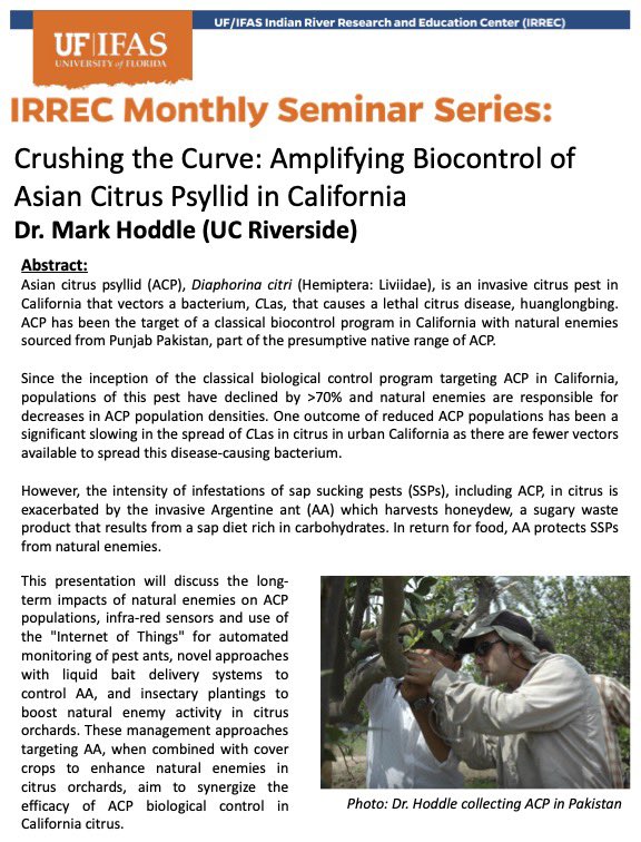 UFIFAS_IRREC's tweet photo. If your area of interest is citrus production—you can’t miss this event. #BioControl for the #AsianCitrusPsyllid
#FLCitrus https://t.co/nU4hP98VFk