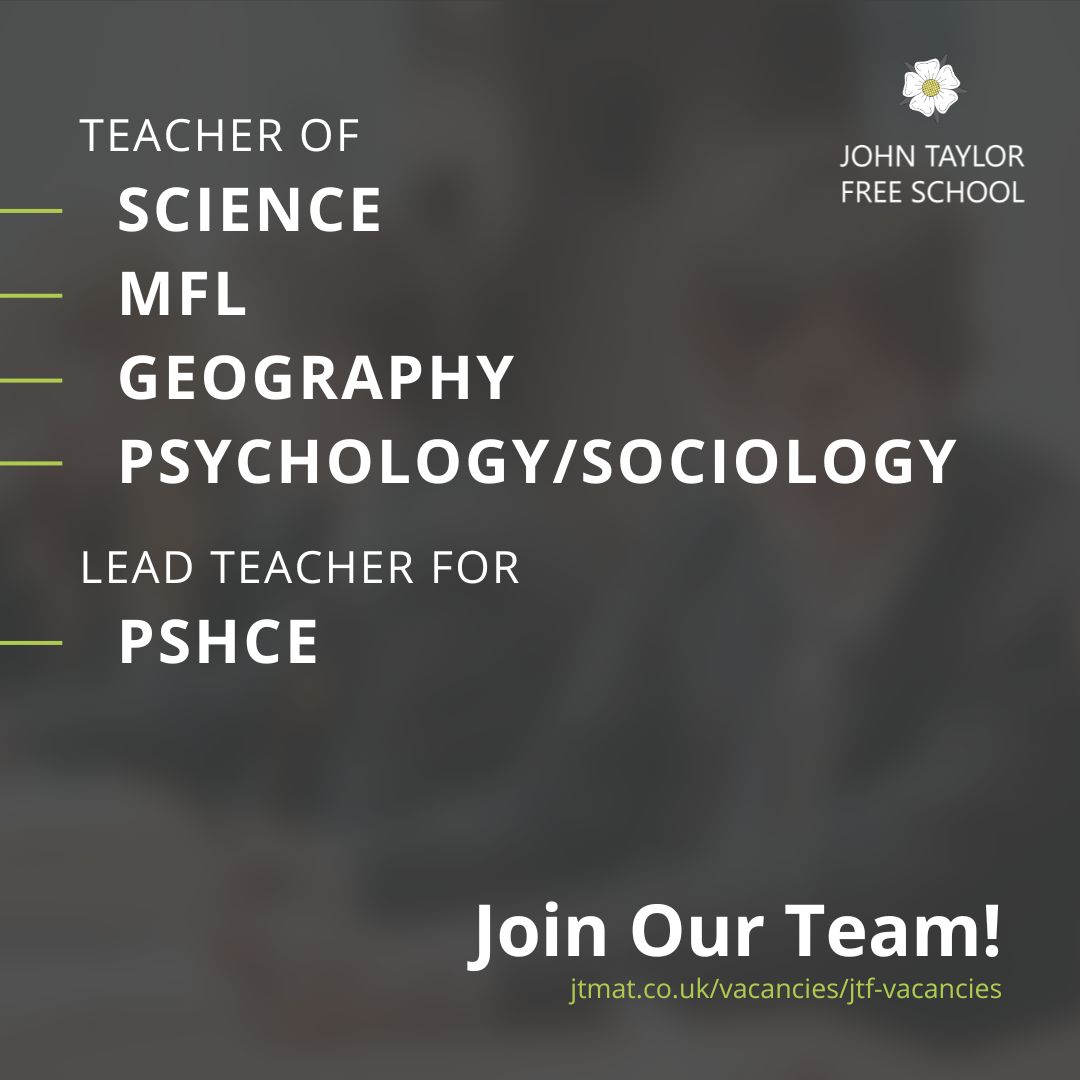 We are looking for teachers in Science, Psychology/Sociology, Geography, MFL and PSHCE to join our school.

Do you know a passionate, experienced teacher seeking a new opportunity? Find out more by visiting jtmat.co.uk/vacancies/jtf-…

Deadline: 12 noon Monday 22nd May 2023.