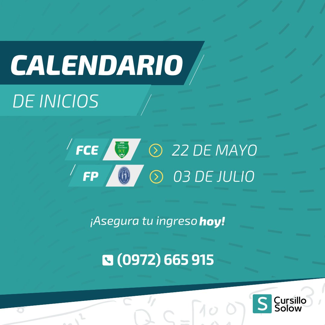 ¡Prepárate para tu futuro!
Ya están disponibles las fechas de inicio de los cursos de preparación para los exámenes de ingreso en la FCE-UNA y Politécnica-UNA

No pierdas la oportunidad de estudiar lo que te apasiona. ¡Inscríbete ya!🚀

📲 (0972) 665 915