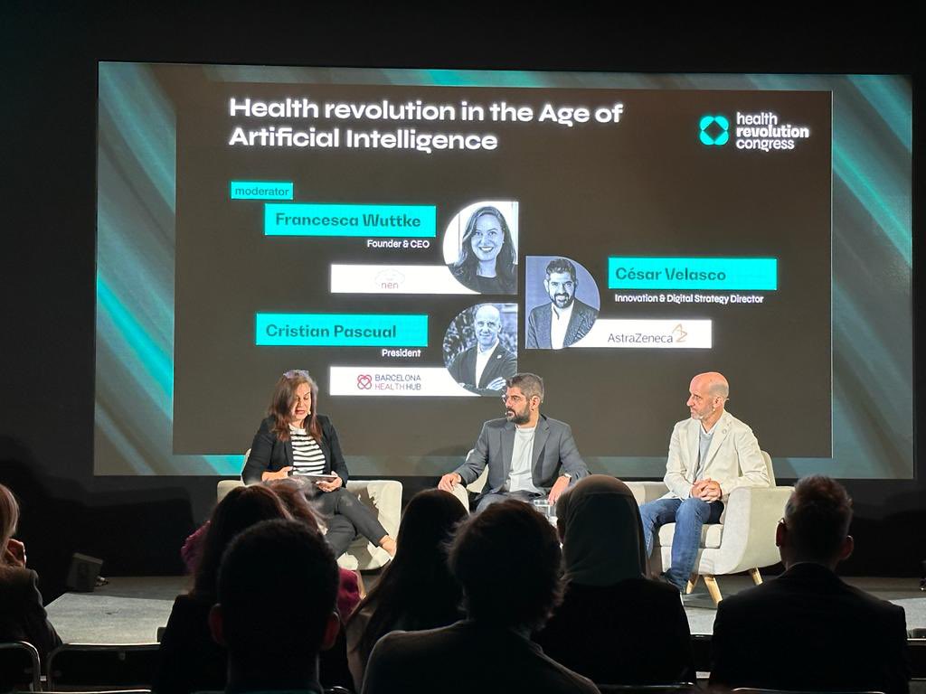 HRC_Barcelona's tweet photo. The next part of the #HealthRevolutionCongress has started! It’s now up to @AstraZeneca, #nen and BHH’s @cpascualf on the main stage to talk about the health revolution in the age of #AI. Tune in now! 🚀 https://t.co/aIIN1hMK9J