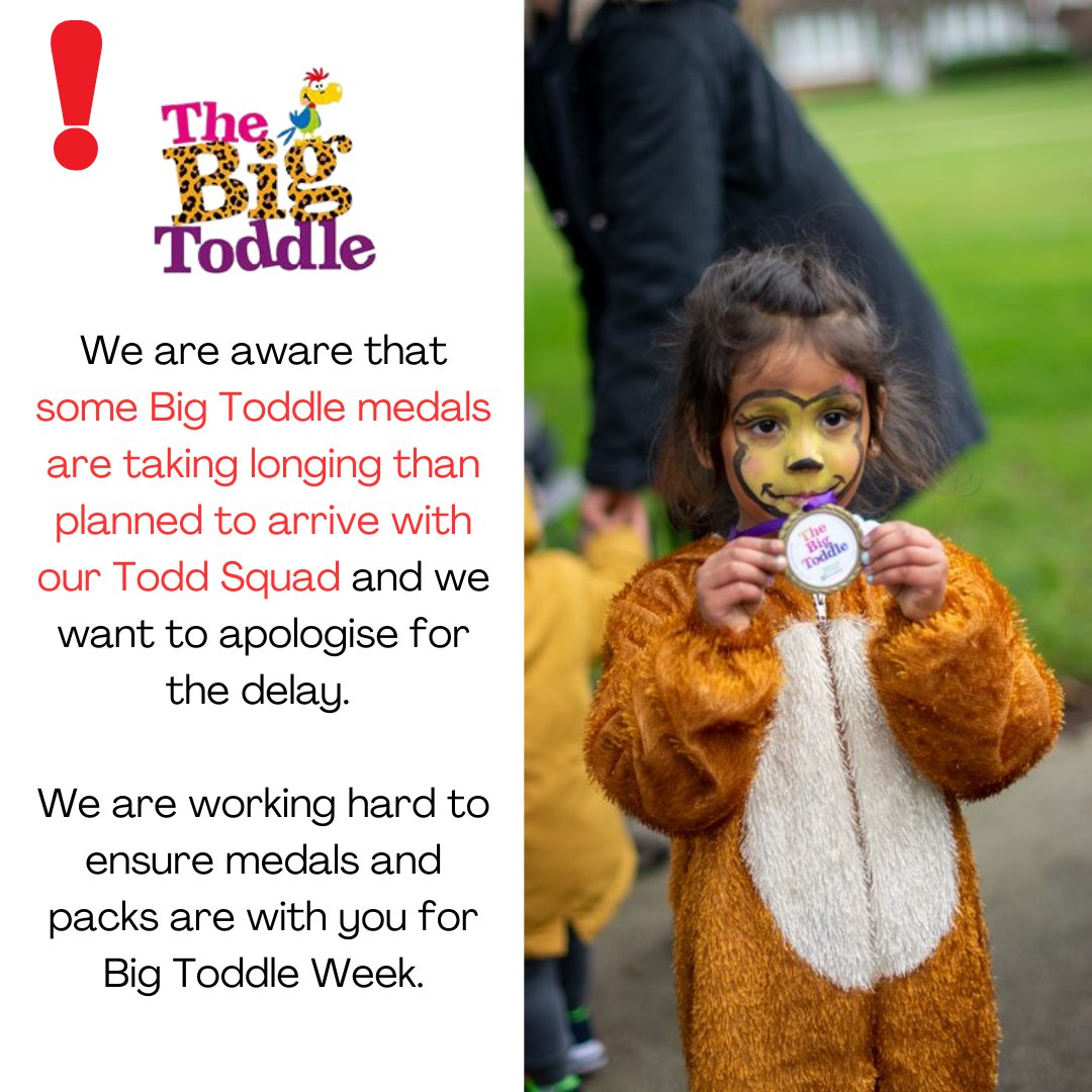 We are aware that some Big Toddle medals are taking longing than planned to arrive with our Todd Squad and we want to apologise for the delay. 

We are working hard to ensure medals and packs are with you for Big Toddle Week 🦁🦓🌳🐒🦜