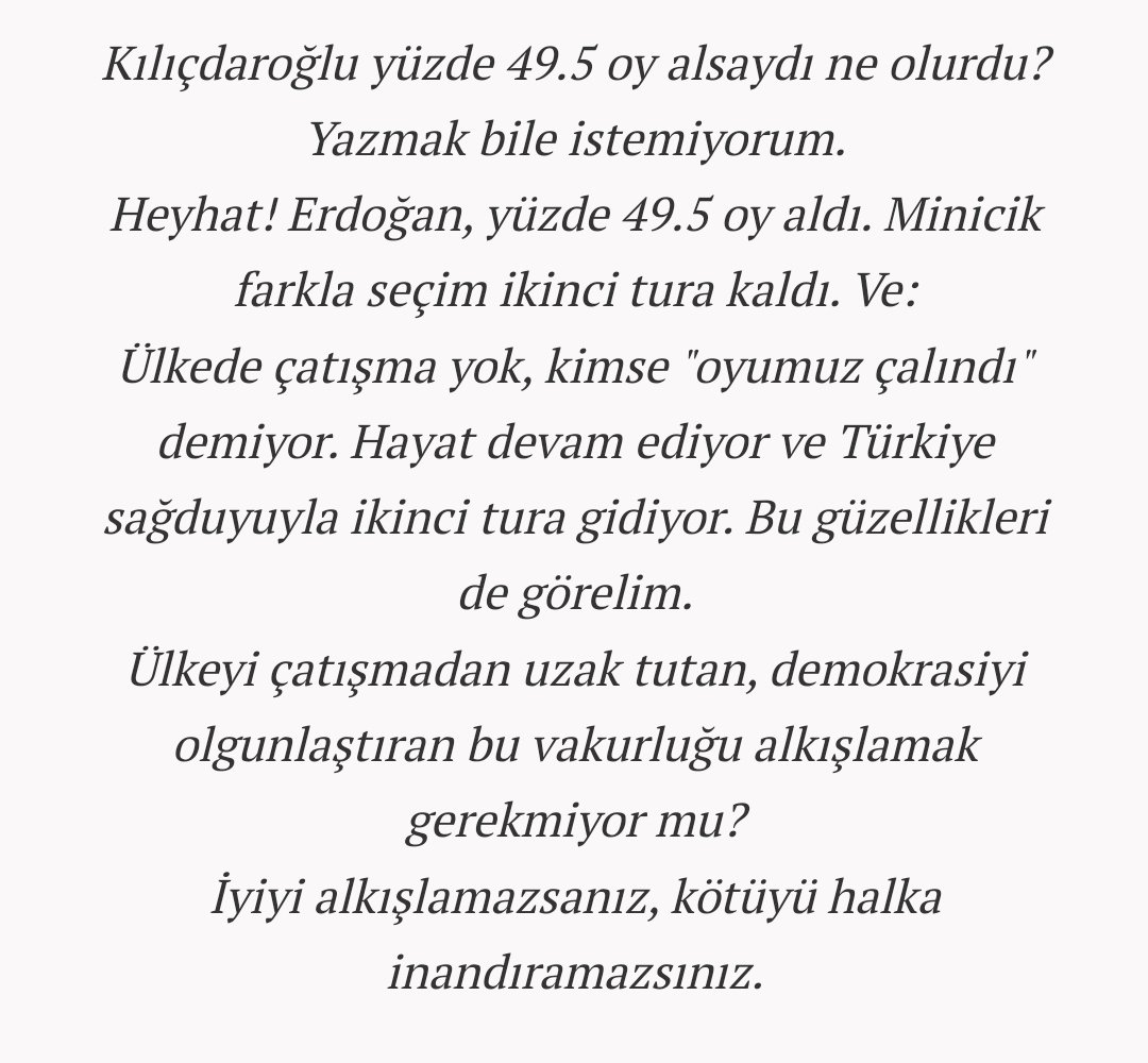 yola__devam_'s tweet photo. Cumhurbaşkanı Erdoğan ve AK Parti seçmeninin seçimler sonrası gösterdiği vakur duruşu öven sözcü gazetesi yazarı Soner Yalçın,

"Kılıçdaroğlu yüzde 49.5 oy alsaydı ne olurdu? Yazmak bile istemiyorum." https://t.co/8d0N9iJWnh