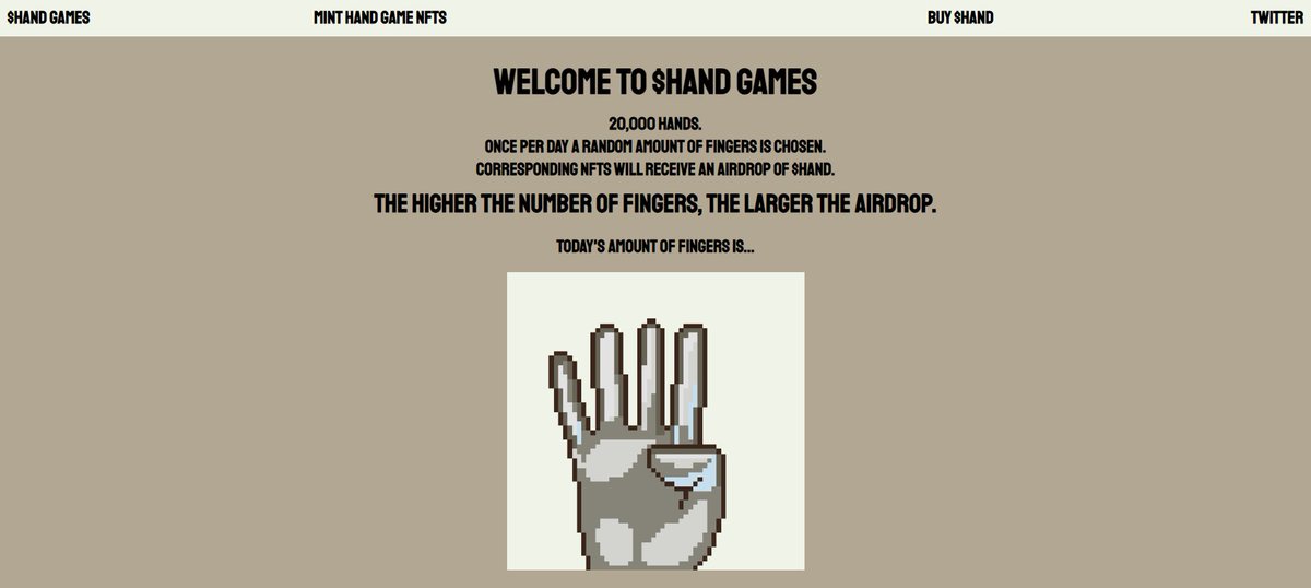 HandGameSOL's tweet photo. Today's amount of fingers is 4 🖖 

1,250 Hand NFTs receive 8.8 Million $HAND airdrop 🪂

FREE MINT LIVE: https://t.co/IEfDizCxR6

#SolanaNFTs #FreeMint #HANDGames https://t.co/rU51CEv9qR