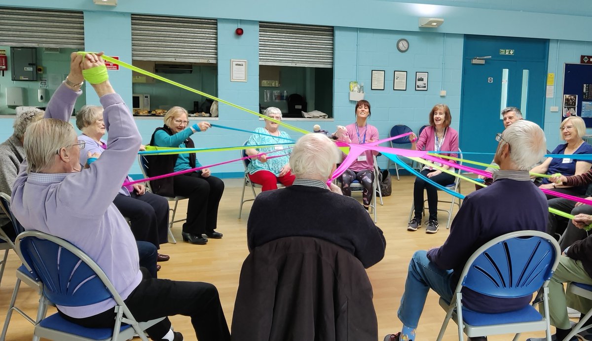 BeyondDementia_'s tweet photo. Members of #Melksham #MovementfortheMind tried out an octaband with instructor Kara. Much laughter as they pulled, lifted, lowered & swayed! We have 8 friendly groups meeting for gentle exercise to music across #Wiltshire @WiltsHour @carerswiltshire @WiltshireNews @melkshamnews https://t.co/enLUwi0JTC