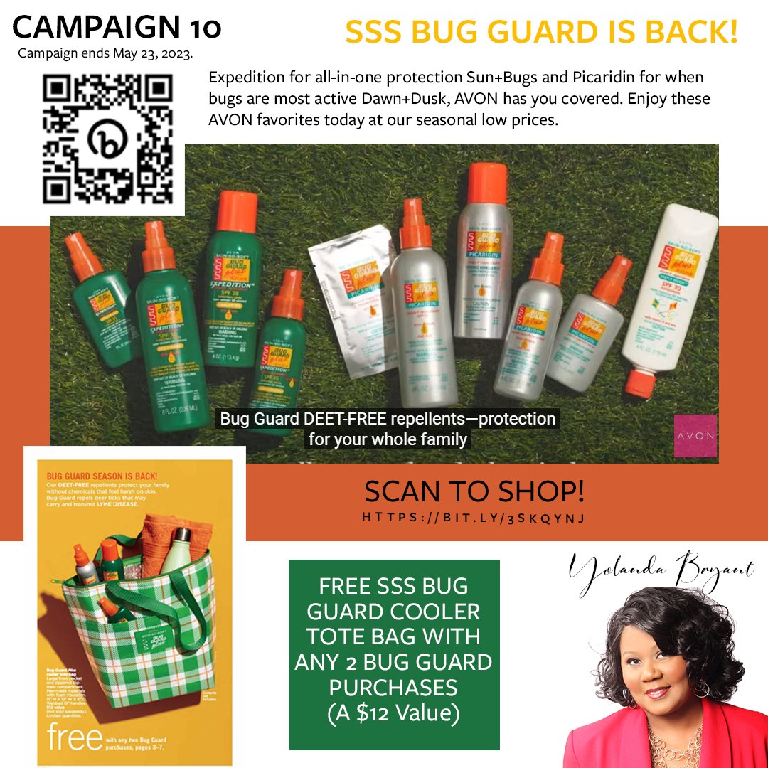 In Campaign 10, get a FREE color tote with your Bug Guard product. Whether sunny days at the beach or nights by the fire, #Avon has a #SkinsoSoft #BugGuard product for you! Get them now while they are on sale! 
 #yolandamjohnsonbryant #othersideofthedash #aginggracefully