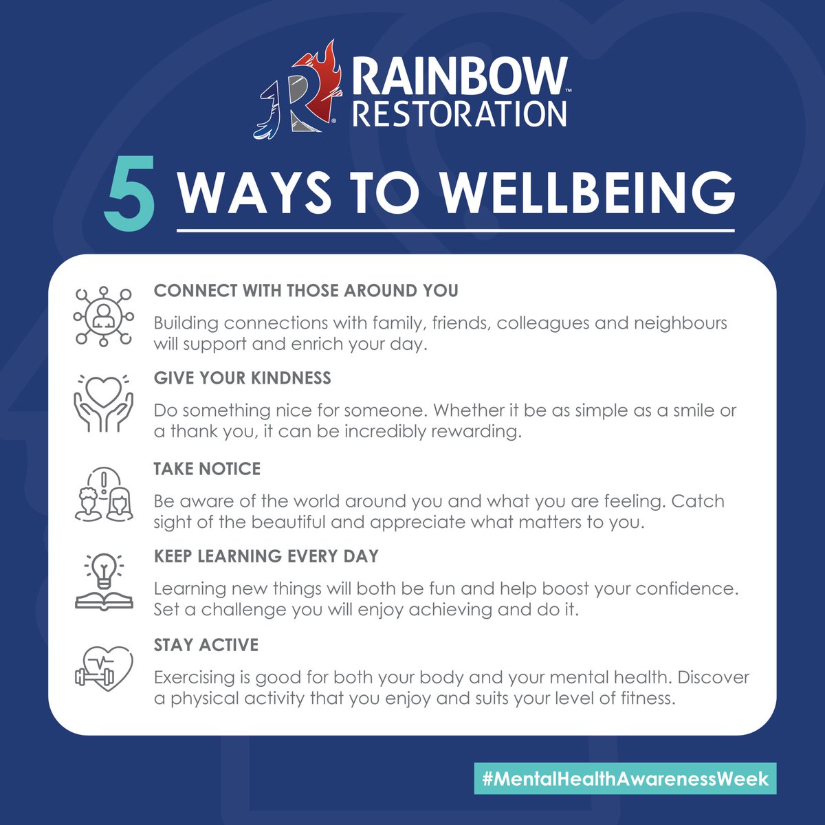 RainbowRestUK's tweet photo. Take care of your mind and it will take care of you! 🧠

Th graphic below highlights five key areas that can help improve your mental health and overall wellbeing. 

Together, let's promote and prioritise wellbeing! 💙 https://t.co/GRCXSMLf0l