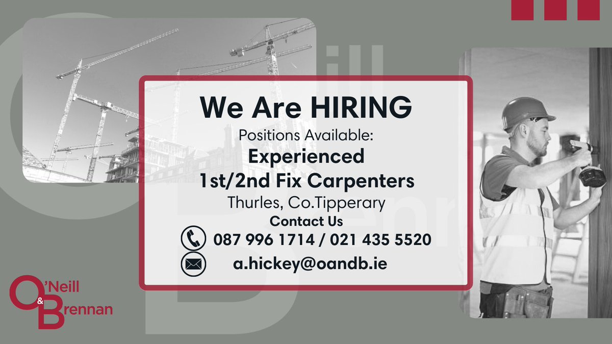 📣 Looking for a CONSTRUCTION job in #Tipperary  ⁉️🏗️

👷 Experienced 1st/2nd Fix Carpenters

Apply with the details below 👇

📨 a.hickey@oandb.ie
☎️ 087 996 1714 / 021 435 5520
 
#irishjobs #construction #recruitment