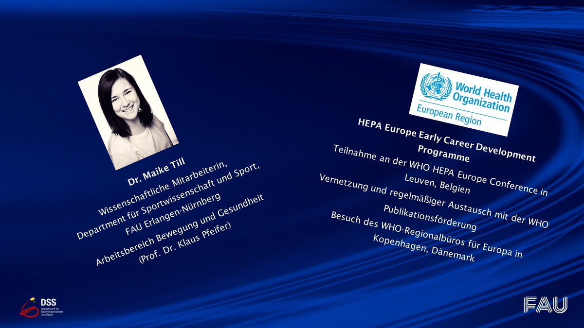 Wir gratulieren unserer Kollegin Dr. Maike Till, die von der <a href="/WHO_Europe/">WHO/Europe</a> als eine von nur sechs Nachwuchswissenschaftler*innen in einem #EarlyCareer Development Programme gefördert wird! Mehr Infos auf unserer Website: blogs.fau.de/issinfo/2023/0…
<a href="/hepaeurope/">HEPA Europe</a> #PhysicalActivity