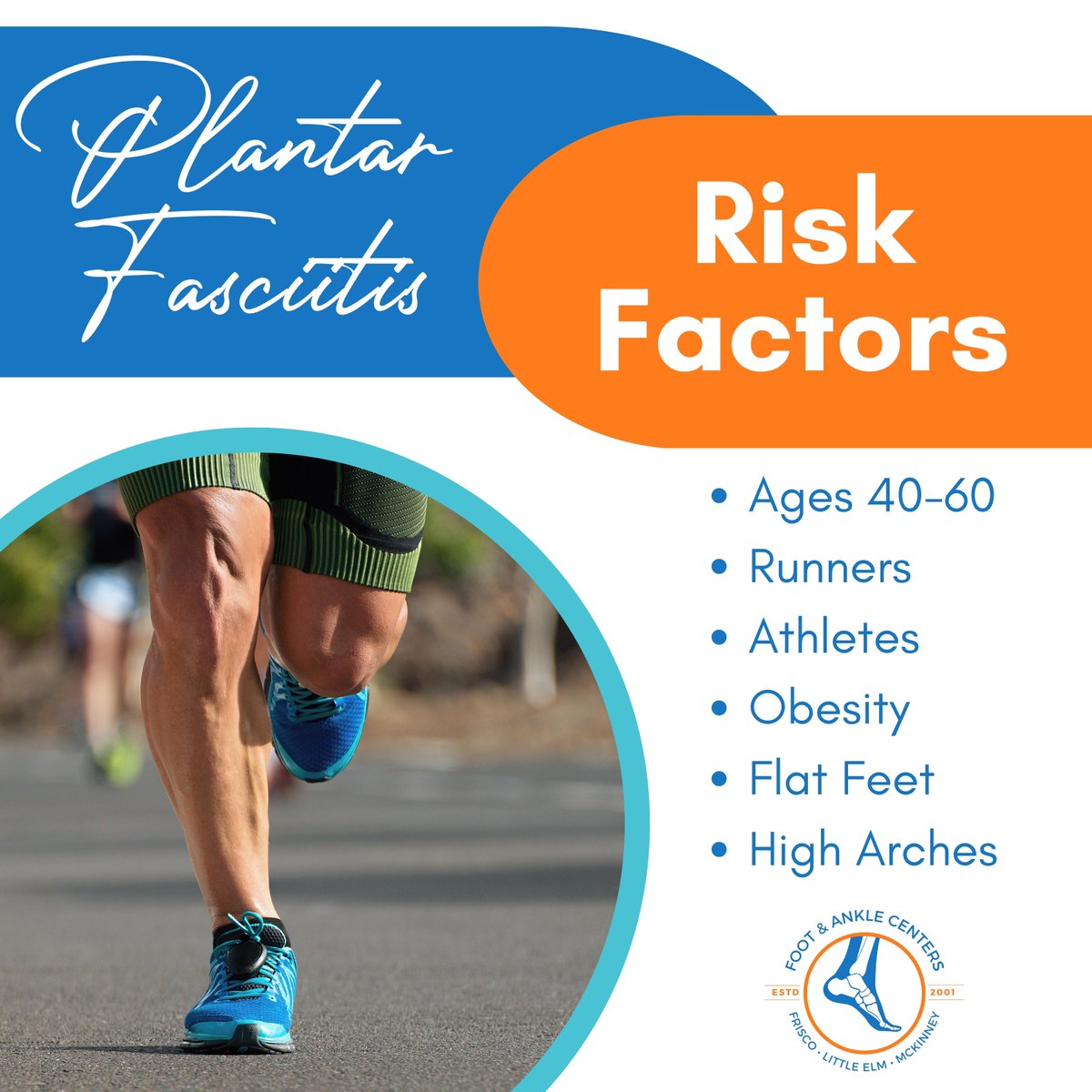 Plantar fasciitis commonly affects people ages 40-60, runners, and athletes.
Obesity, flat feet, or high arches can increase your risk of plantar fasciitis.

#plantarfaciitis #heelpain #foothealth #footandankle #frisco #texas #mckinney #littleelm #podiatrist