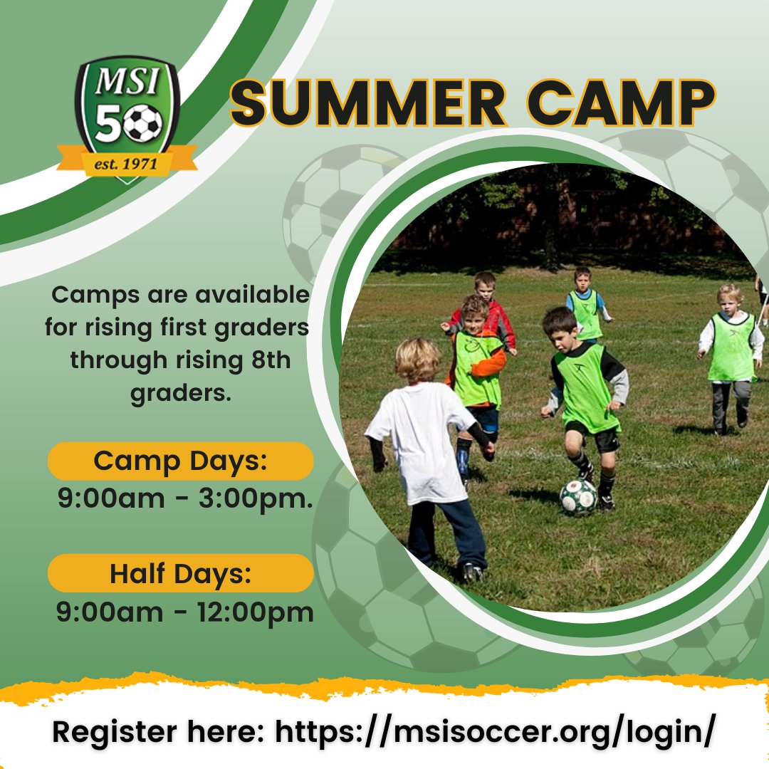 Join us this summer for our MSI 2023 Summer Camps! ⚽🌞
Our camps are designed to help young soccer players develop their skills and reach their potential.
👉 Register today:
msisoccer.org/login/

📞 301-762-4674

#msisoccer #summercamps #soccercamp #youthsoccer #soccer