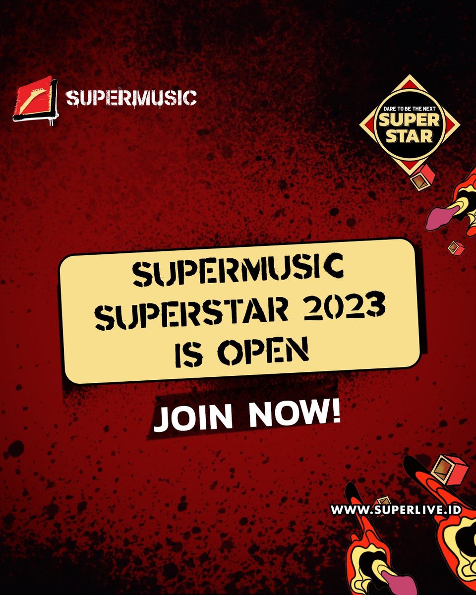 Woyyyy, buat Lo yang ngerasa punya bakat di bidang musik atau visual grafis, nih Supermusic Superstar 2023 lagi open submission! Ini jadi kesempatan buat Lo unjuk kebolehan di panggung terbesar.

#SUPERMUSIC
#INIRASANYASUPER
#SUPERMUSICSUPERSTAR2023