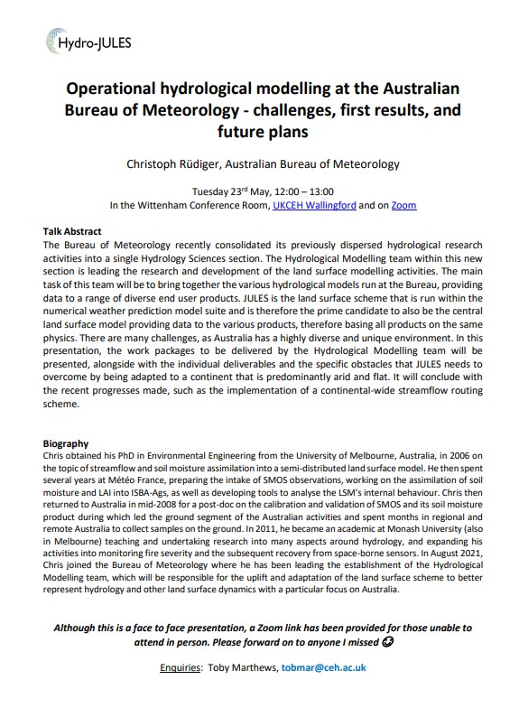 Young Hydrologic Society (@younghydrology) on Twitter photo 📢
"Operational #hydrological modelling at the Australian Bureau of #Meteorology - challenges, 1st results, and future plans" #workshop, by Christoph Rüdiger, will take place next week!
📅23 May
⏰12-13 pm UK time
❓Toby Marthews, tobmar@ceh.ac.uk
Zoom: ukri.zoom.us/j/93759534387?… 📢
"Operational #hydrological modelling at the Australian Bureau of #Meteorology - challenges, 1st results, and future plans" #workshop, by Christoph Rüdiger, will take place next week!
📅23 May
⏰12-13 pm UK time
❓Toby Marthews, tobmar@ceh.ac.uk
Zoom: ukri.zoom.us/j/93759534387?…