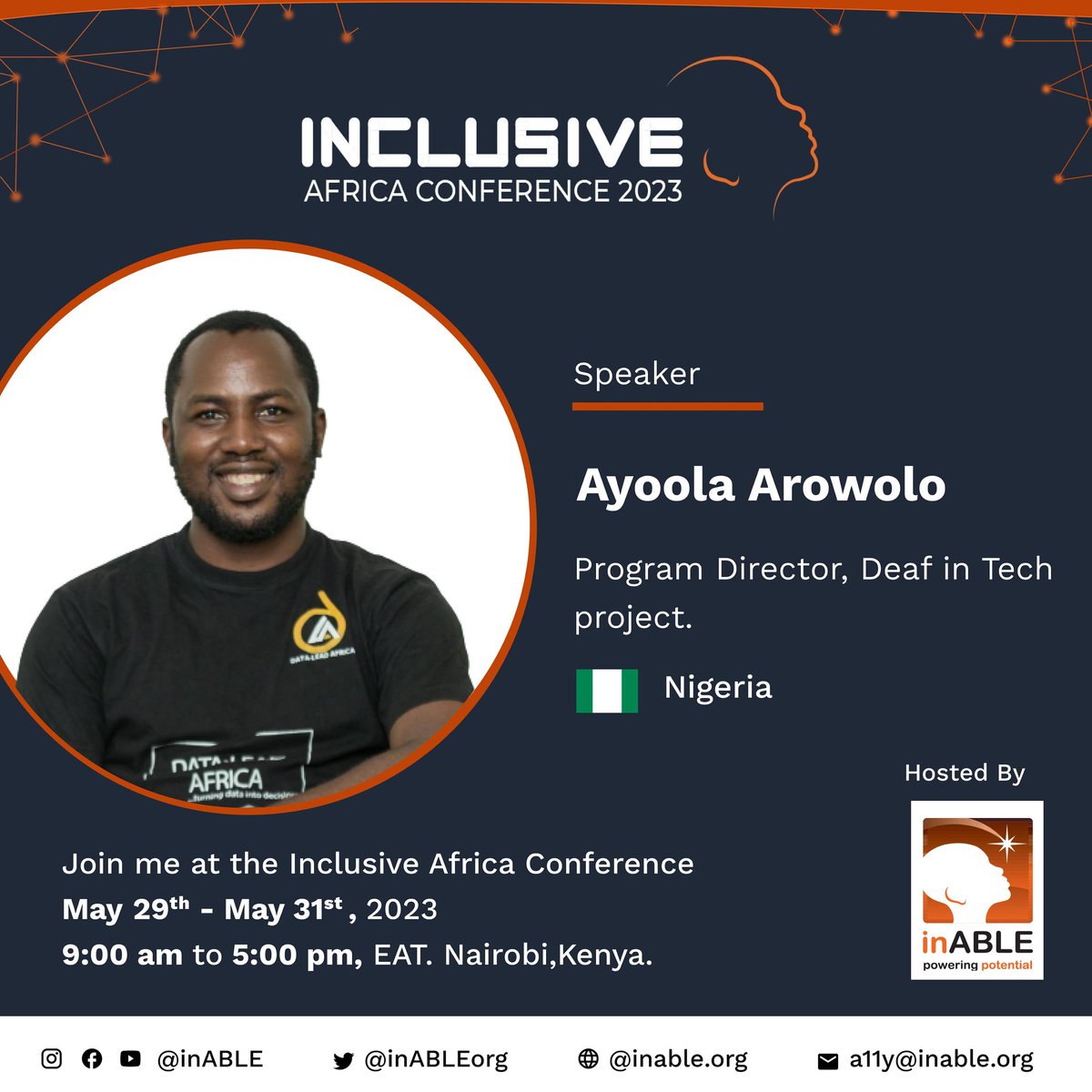 I will be speaking at #InclusiveAfrica2023 from 29th - 31st May in Nairobi, Kenya. Join me by registering for the conference here hopin.com/events/inclusi… and let's take accessible technology in Africa to the next level. Virtual attendance is free. @inABLEorg #A11yAfrica2023