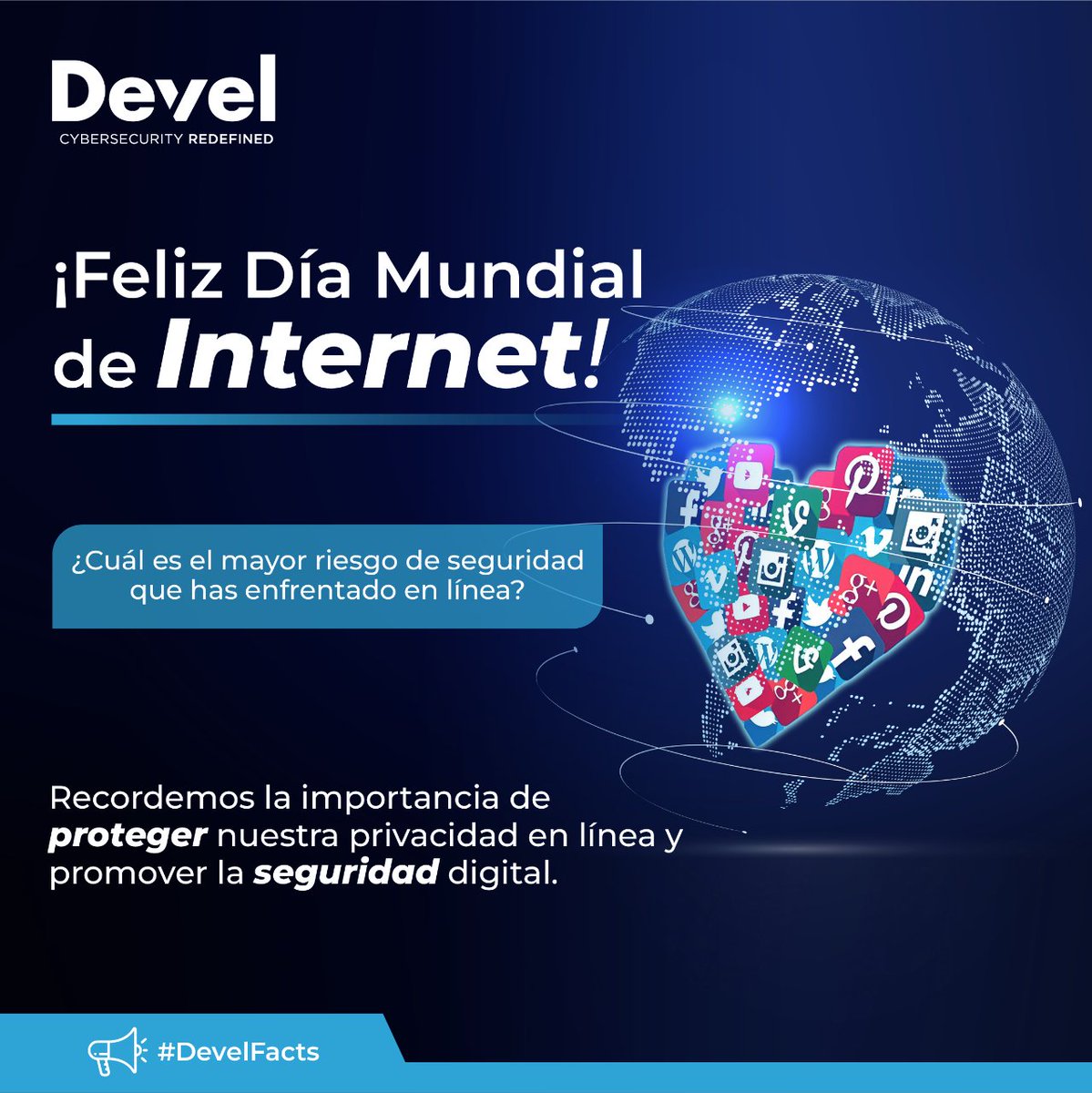 🎉🌍 ¡Feliz Día Mundial de Internet! Recordemos la importancia de proteger nuestra privacidad en línea y promover la seguridad digital 💻🔐 ¿Cuál es la mejor práctica de seguridad digital que conoces?

Comparte tus experiencias en los comentarios 🌐💻

#Ciberseguridad #DevelFacts