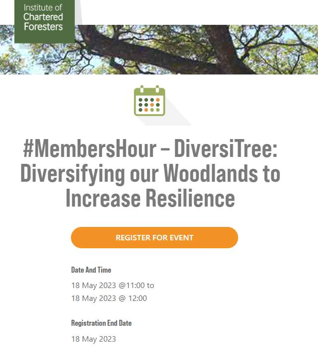 DiversiTree_UK's tweet photo. Join the @TheICF #MembersHour webinar tomorrow (18th May, 11am) to hear more about #DiversiTree. We'll be talking species diversification & resilience 🌲🌳@JamesHuttonInst @WoodlandTrust @BUForestry @BIFoRUoB @RSPBScience @TheBotanics @UK_Treescapes
🔗➡️
https://t.co/nwD6MOVcQP https://t.co/b0ju1fMiMI