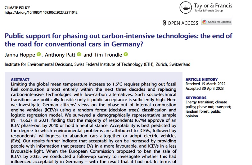 Finally out: An investigation into public support for phasing out conventional cars (ICEVs) in Germany - finding that many people are in favour of phasing out ICEVs completely by 2040. 

Good news? Well, yes and no.  🧵👇