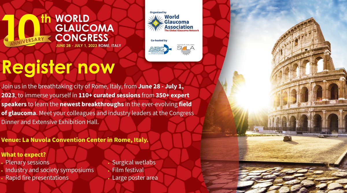We're delighted to be partnering with <a href="/WorldGlaucoma/">World Glaucoma Association (WGA)</a> for the 10th World Glaucoma Congress in Rome, Italy!

Join us and surround yourself with like-minded and passionate #eyecare professionals.

Find out more below.
fal.cn/3yjSv