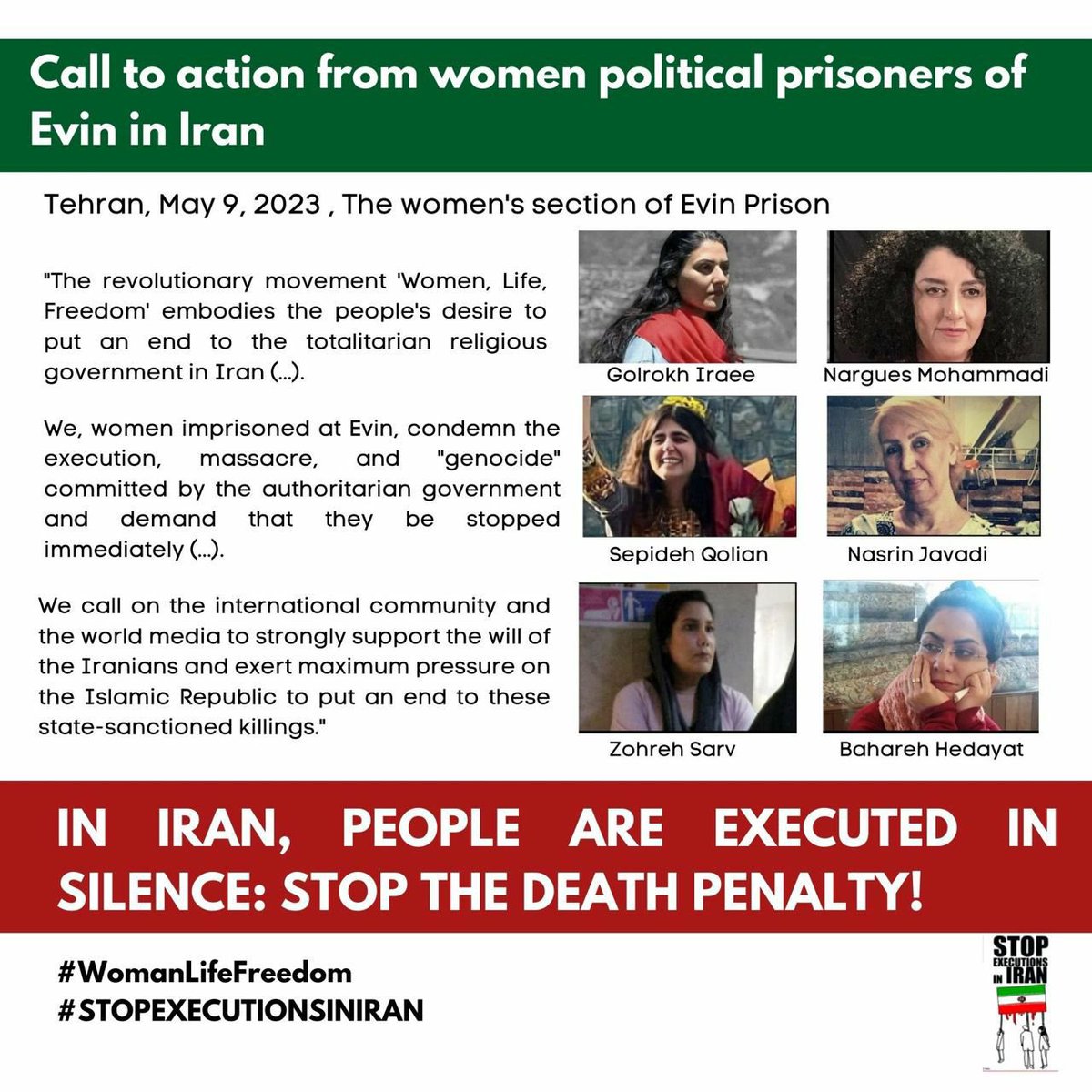 In response to the call of women political prisoners in Evin, I urge <a href="/Iran_GOV/">Government of the Islamic Republic of Iran🇮🇷</a> to immediately stop the mass executions of prisoners. Germany advocates for the universal abolition of the death penalty, which is an inhumane punishment. #StopExecutionsInIran <a href="/HawarHelp/">HAWAR.help</a>