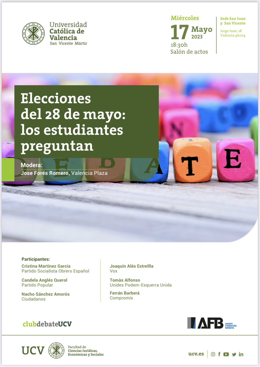 👉🏼Esta tarde nos vemos en el debate electoral de la <a href="/UCV_svm/">Universidad Católica de Valencia</a> 

🕡18:30
📍Jorge Juan 18, Valencia