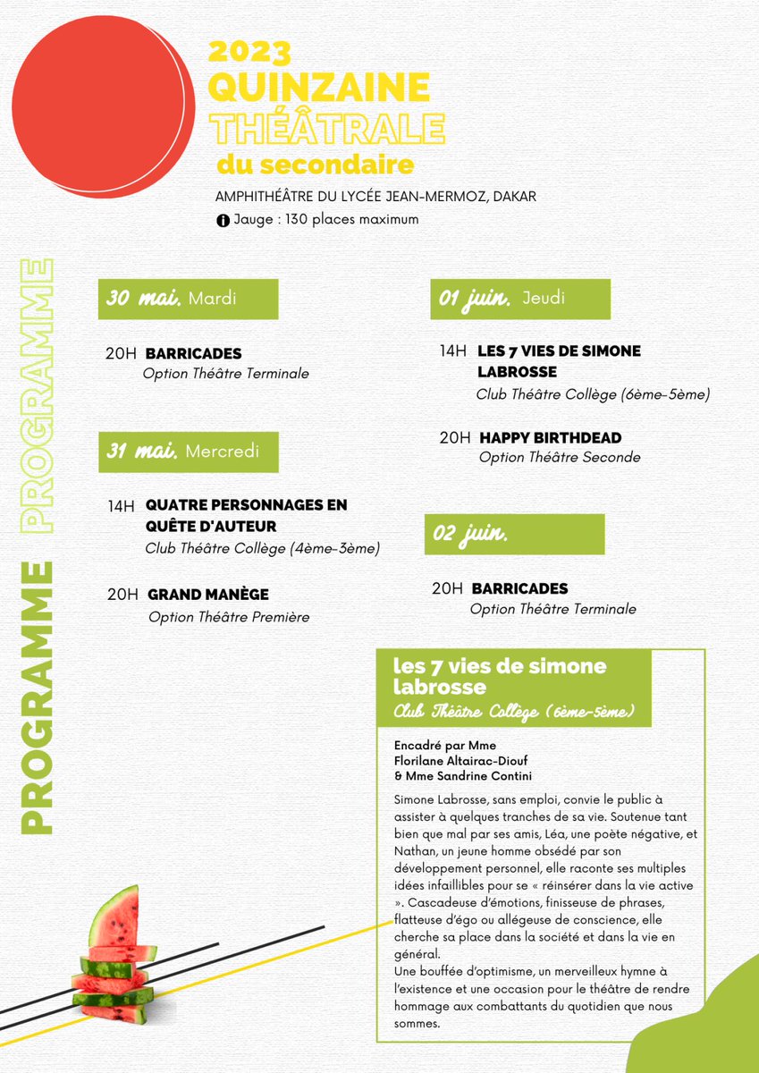 lycee_mermoz's tweet image. #Théâtre 🎭I La Quinzaine Théâtrale du secondaire 2023 c'est du 22 mai au 03 juin au #lfjm.
👏Les élèves du Club Théâtre Collège, des options Théâtre lycée, les professeurs encadrants et intervenants sont impatients de vous présenter le fruit d’une année de travail🍍
@aefeinfo