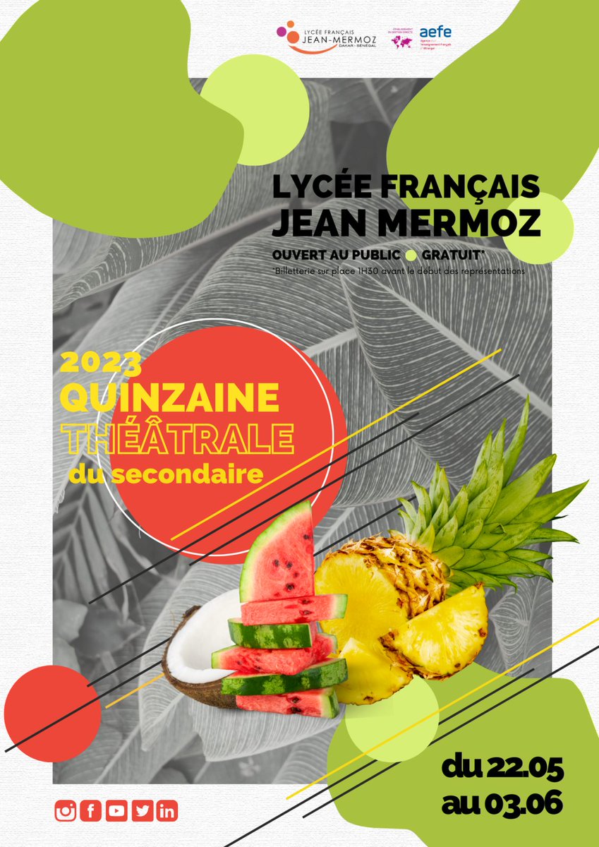 lycee_mermoz's tweet image. #Théâtre 🎭I La Quinzaine Théâtrale du secondaire 2023 c'est du 22 mai au 03 juin au #lfjm.
👏Les élèves du Club Théâtre Collège, des options Théâtre lycée, les professeurs encadrants et intervenants sont impatients de vous présenter le fruit d’une année de travail🍍
@aefeinfo