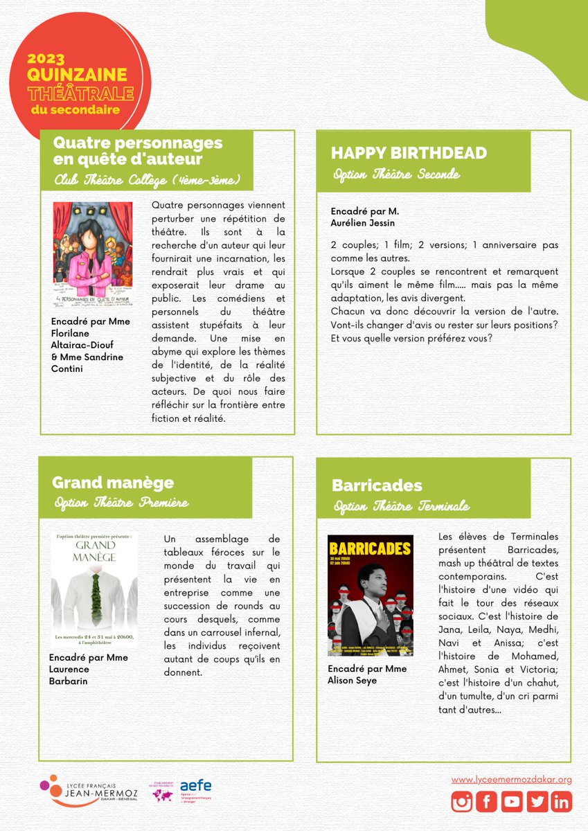 lycee_mermoz's tweet image. #Théâtre 🎭I La Quinzaine Théâtrale du secondaire 2023 c'est du 22 mai au 03 juin au #lfjm.
👏Les élèves du Club Théâtre Collège, des options Théâtre lycée, les professeurs encadrants et intervenants sont impatients de vous présenter le fruit d’une année de travail🍍
@aefeinfo